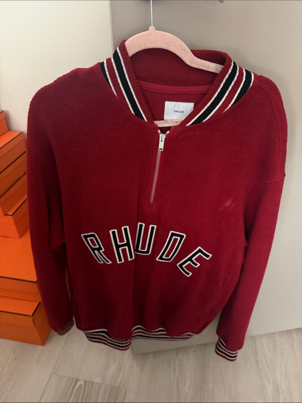 Rhude Red Zip-Up Logo Sweater with Striped Trim